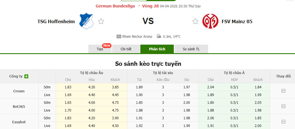Nhận định, soi kèo Hoffenheim vs Mainz 05, 20h30 ngày 3/4: Phong độ sa sút - Ảnh 1